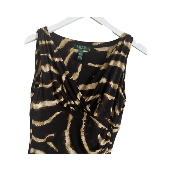 Lauren Ralph Lauren Chic Zebra Print Black and Gold V-neck Ruched Midi Dress - Picture 4 of 8